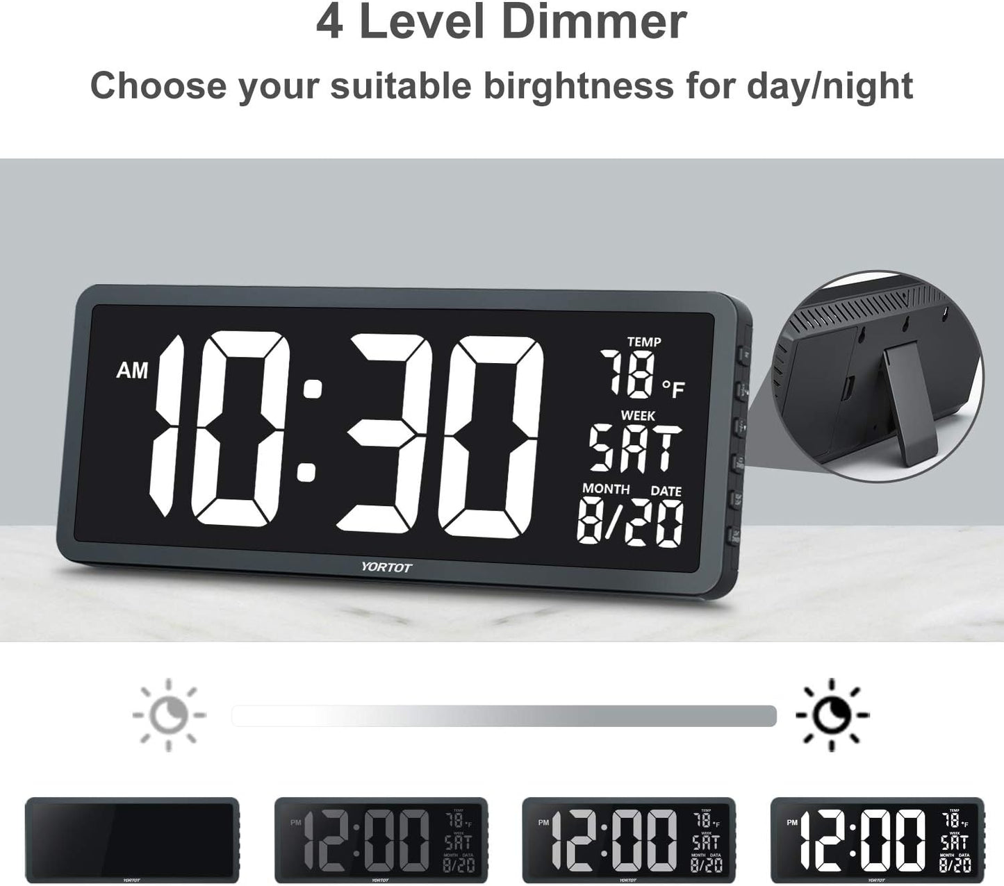 YORTOT 16” Large Digital Wall Clock with Remote Control and 7 Night Light, 4 Level Dimmer, Big LED Clock with Indoor Temperature, Date, Wall Mount/Fold Out Stand, Perfect for Home, Office, Gym (White)