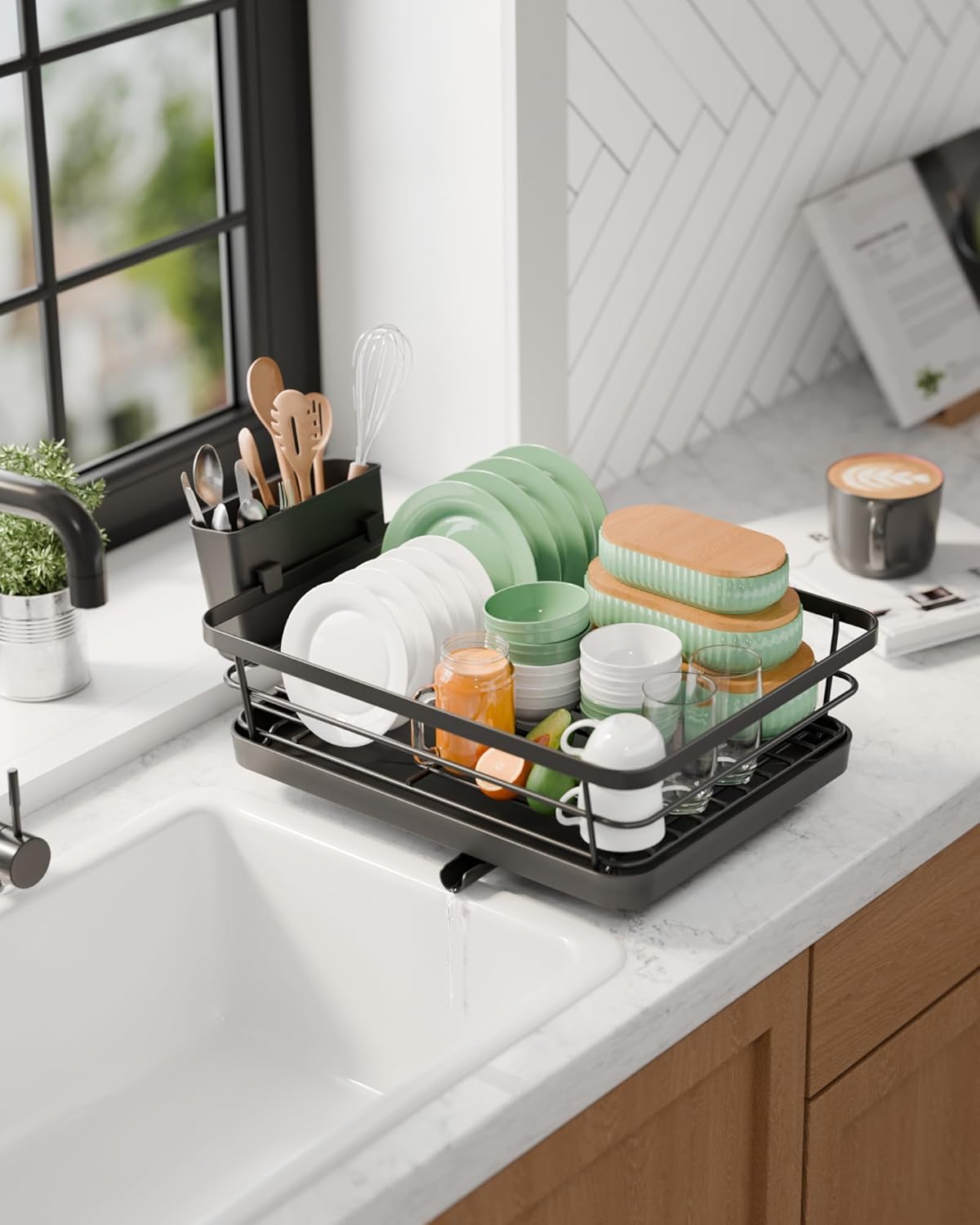 Kitsure Dish Drying Rack- Space-Saving Dish Rack, Dish Racks for Kitchen Counter, Kitchen Drying Rack with a Cutlery Holder, 12''W x 15''L, Black