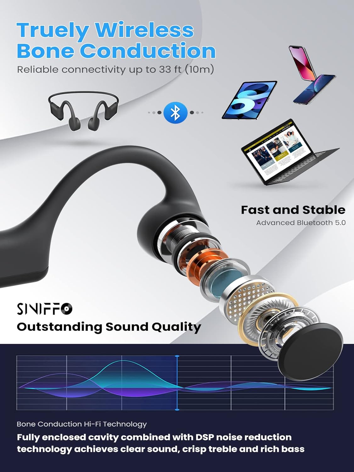 Siniffo Bone Conduction Headphones, 2023 Upgrade Open-Ear Wireless Bluetooth Workout Headphones with Microphones, 8Hr Playtime, Waterproof Earphones for Sports, Running, Gym, Hiking, Cycling, Black