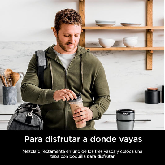 Ninja BN301 Nutri-Blender Plus Compact Personal Blender, 900-Peak-Watt Motor, Frozen Drinks, Smoothies, Sauces & More, (3) 20 oz. To-Go Cups, (2) Spout-Lids (1) Storage-Lid, Dishwasher Safe, Silver