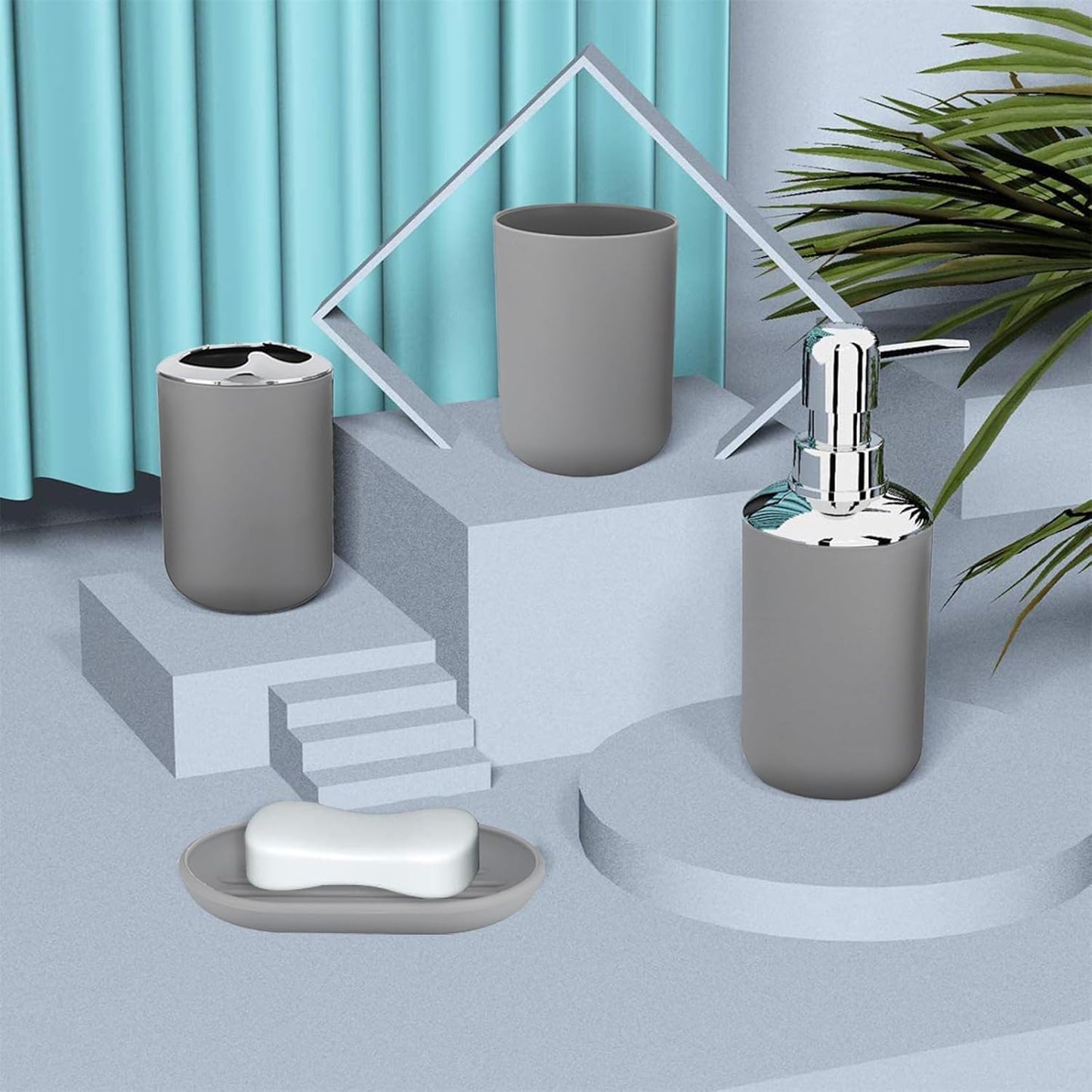 Bathroom Accessories Set 4 PCS, Grey Bathroom Accessories Includes Toothbrush Holder, Toothbrush Cup, Soap Dispenser & Dish, Soap and Toothbrush Holder Set for Bathroom Decor