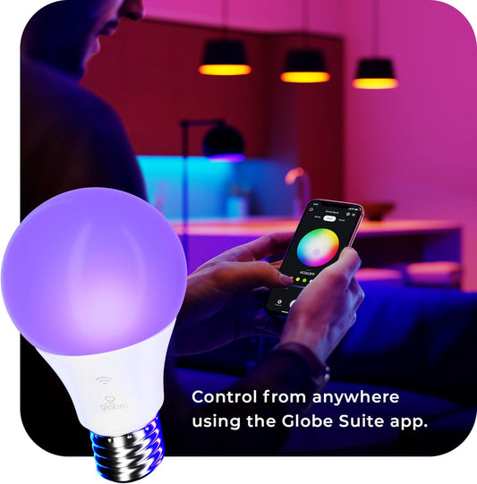 GLOBE Electric Wi-Fi Smart 10 Watt (60W Equivalent) Multicolor Changing RGB Tunable White Frosted LED Light Bulb, No Hub Required, Voice Activated, 2000K - 5000K, A19 Shape, E26 Base,34212