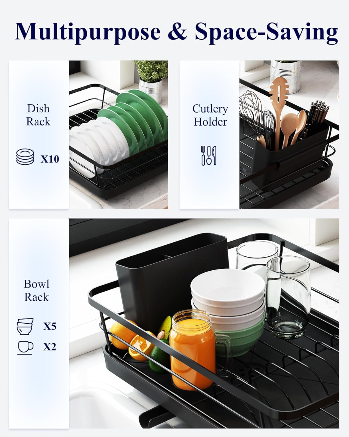 Kitsure Dish Drying Rack- Space-Saving Dish Rack, Dish Racks for Kitchen Counter, Kitchen Drying Rack with a Cutlery Holder, 12''W x 15''L, Black