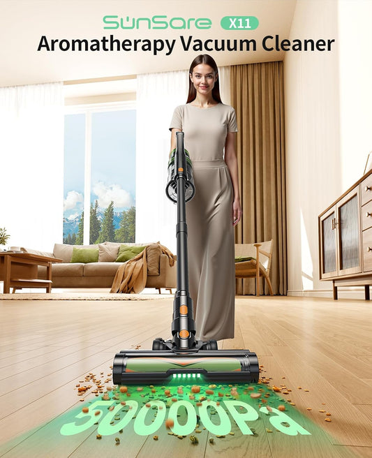 SunSare Cordless Vacuum Cleaner, 50KPa 600W 65Mins Vacuum Cleaner for Home, V-Anti-Tangle Stick Vacuum with Scented Tablet, Upgraded dust Emptying Cup, Vacuum Cordless for Pet Hair/Carpet/Floors