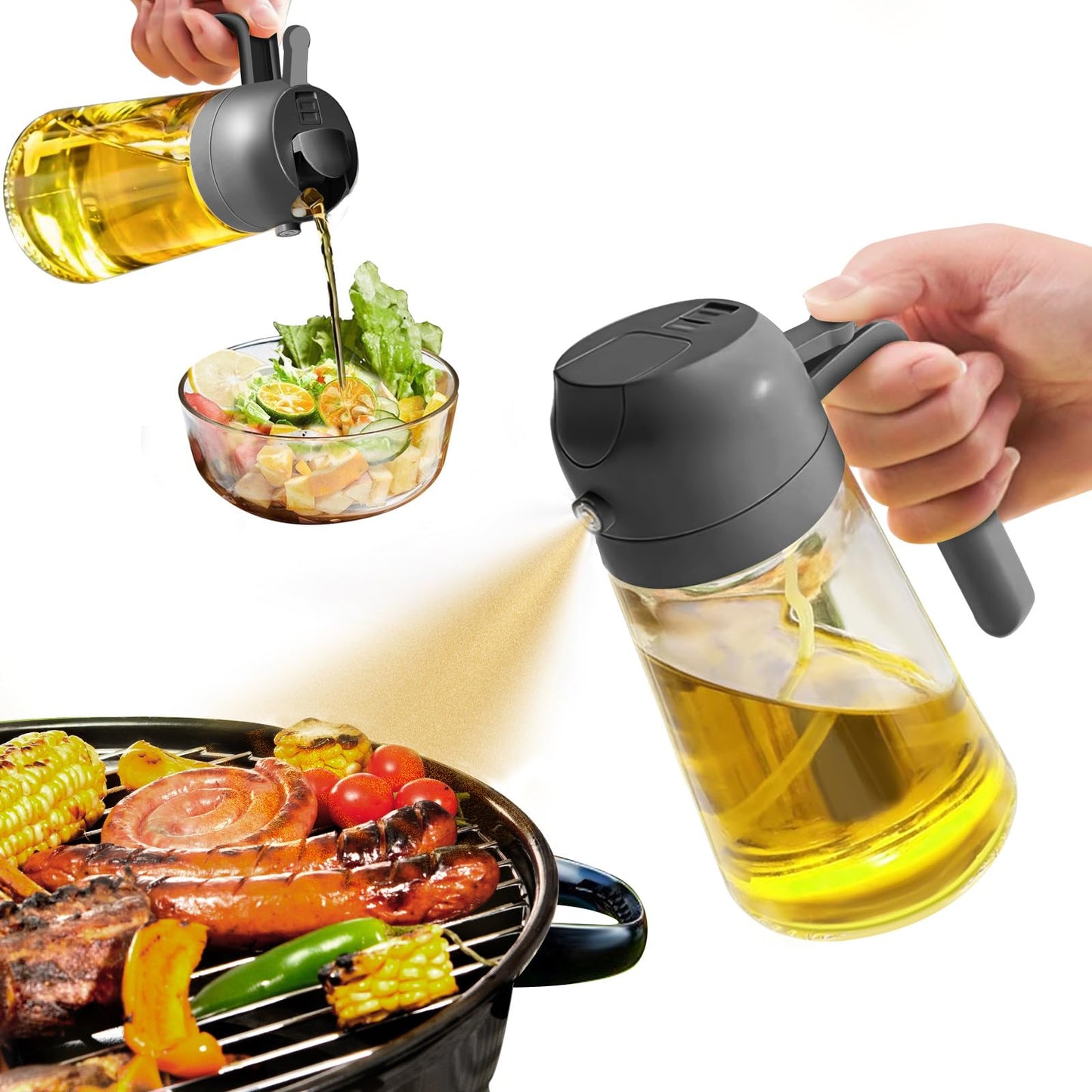 YARRAMATE Oil Sprayer for Cooking, 2 in 1 Olive Oil Dispenser Bottle for Kitchen, 16oz/470ml Premium Glass Oil Bottle, Food-grade Oil Mister for Air Fryer, Salad, Frying, BBQ (Black)