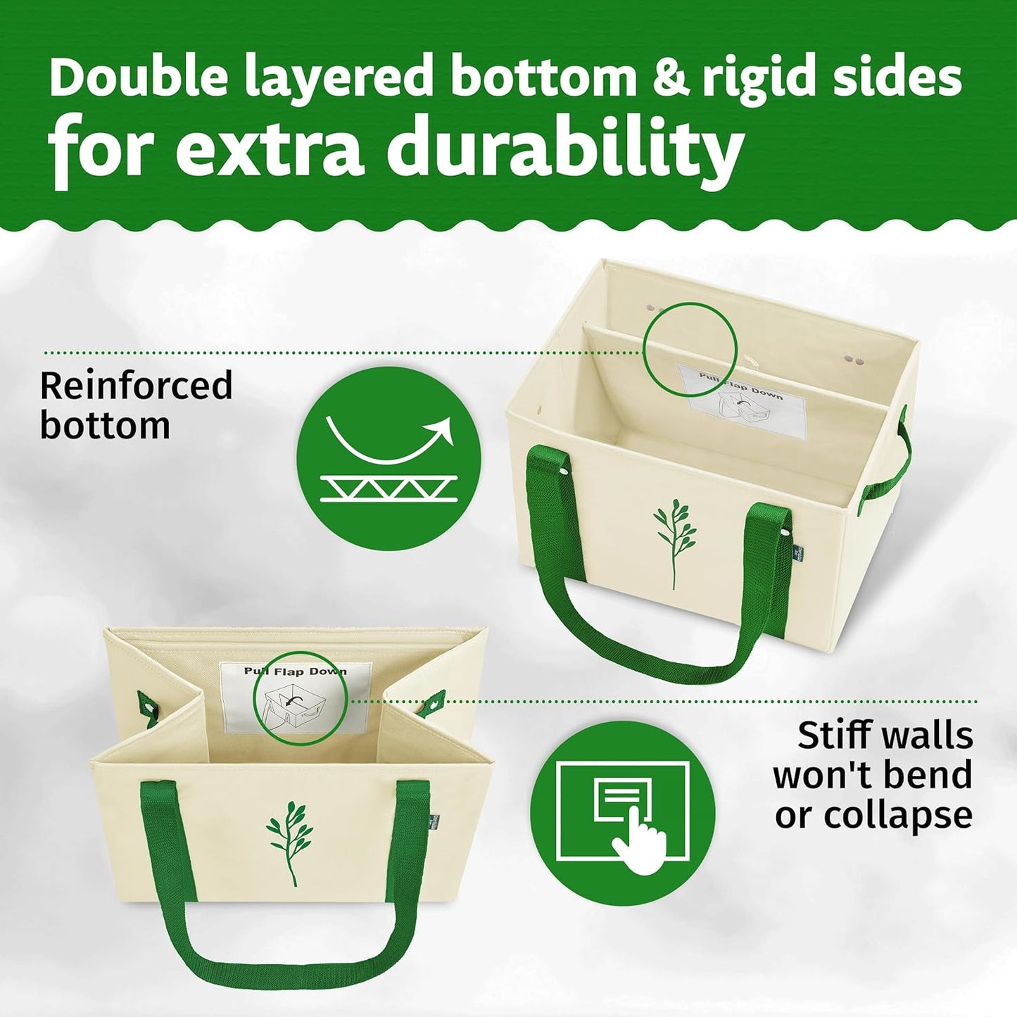 Green Bulldog Reusable Grocery Bags - Heavy Duty Reusable Shopping Tote Bags W/Long Handles, Foldable & Collapsible, Holds Up to 65 lbs - for Kitchen, Picnic 3 Pack