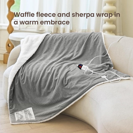 Heated Blanket Electric Throw Waffle, 50x60 Inches Sherpa Fleece Fast Heating Blanket 6 Heating Levels & 4 Hours Auto Off ETL Certification, Grey Throw