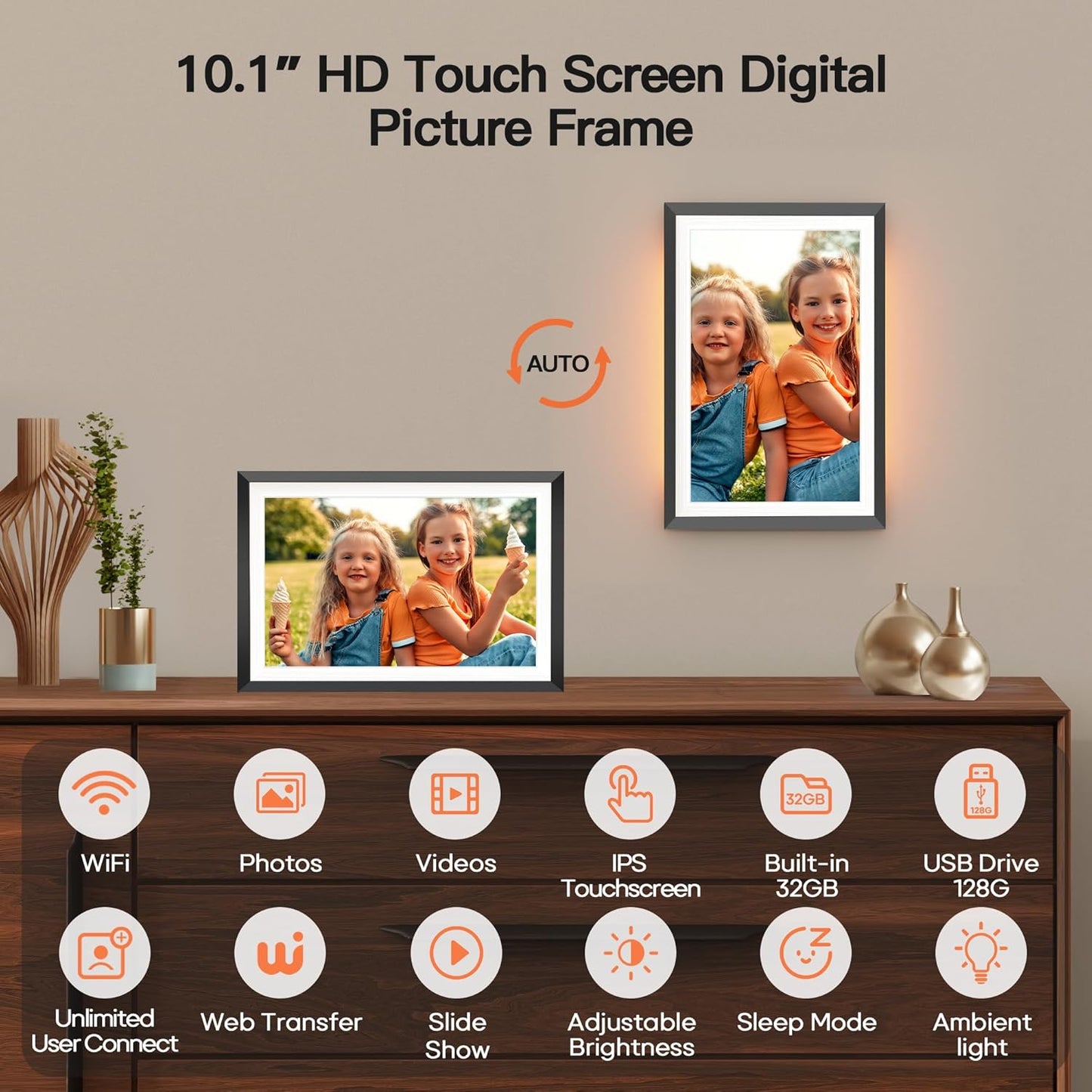 BIGASUO 10.1" WiFi Digital Picture Frame with LED Light, 1280 * 800 HD Touch Screen Smart Photo Frame, 32GB Memory, Support USB/SD Card, Auto-Rotate, Share Photos/Videos Remotely via Uhale APP