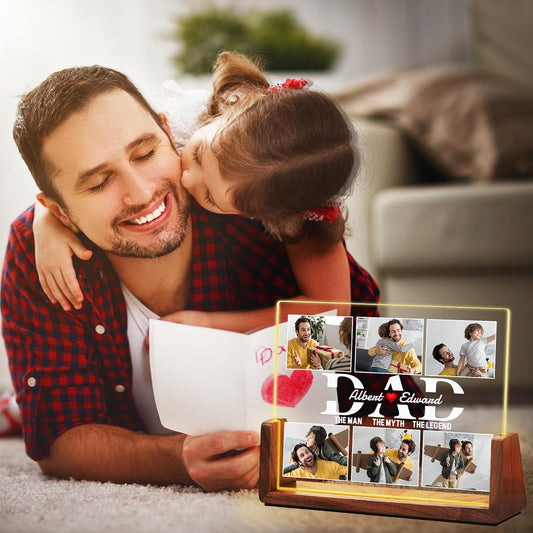 Fathers Day Personalized Gifts for Dad from Daughter Son Kids, Customized Acrylic Plaque LED Walnut Frame with Photos Night Light, Christmas Birthday Gifts for Dad Father PAPA Husband
