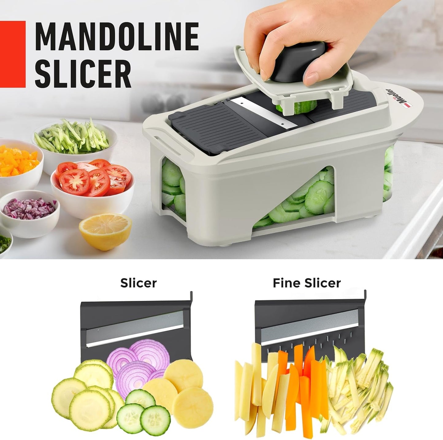 Mueller Pro-Series All-in-One, 12 Blade Mandoline Slicer for Kitchen, Food Chopper, Vegetable Slicer and Spiralizer, Cutter, Dicer, Grater, Kitchen Gadgets Sets with Container, White Sand/Gray
