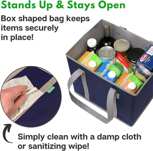 Reusable Grocery Bags (3 Pack) – Heavy Duty Reusable Shopping Bags with Box Shape to Stand Up, Stay Open, Fold Flat – Large Tote Bags are Foldable with Long Handles & Hard Bottom (Navy Blue)