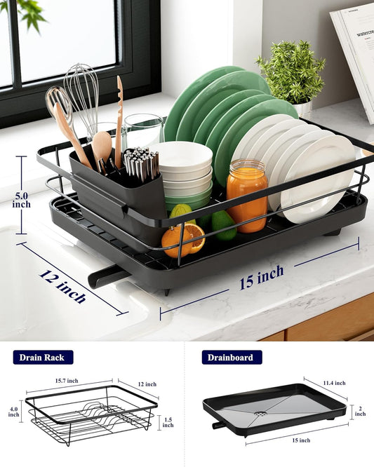 Kitsure Dish Drying Rack- Space-Saving Dish Rack, Dish Racks for Kitchen Counter, Kitchen Drying Rack with a Cutlery Holder, 12''W x 15''L, Black