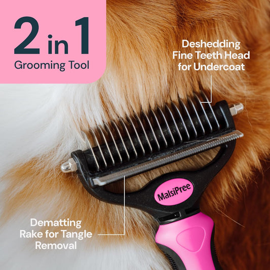 MalsiPree Dog Grooming Brush - 2 in 1 Deshedding Tool & Undercoat Rake for Long & Short-Haired Pets - Dog Brush, Dematting Comb & Hair Deshedder Supplies (Pink, Large)