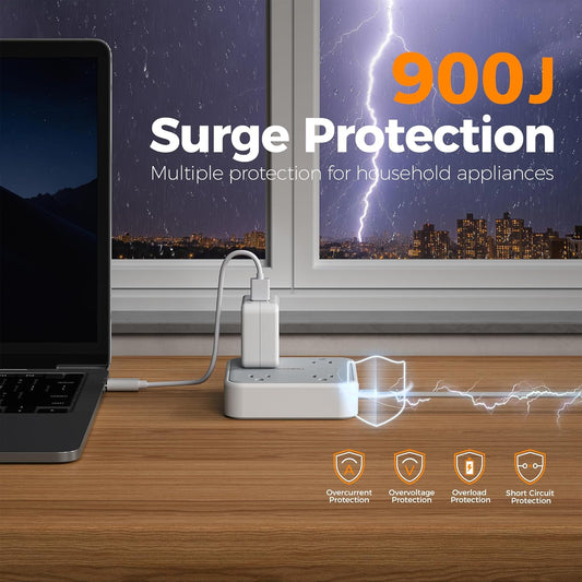 Surge Protector Flat Extension Cord 5Ft, TESSAN Flat Plug Power Strip with 4 Outlets 3 USB Ports (1 USB C), 900 Joules Protection, Multiple Wall Outlet Extender Suitable for Home Office Dorm, Grey