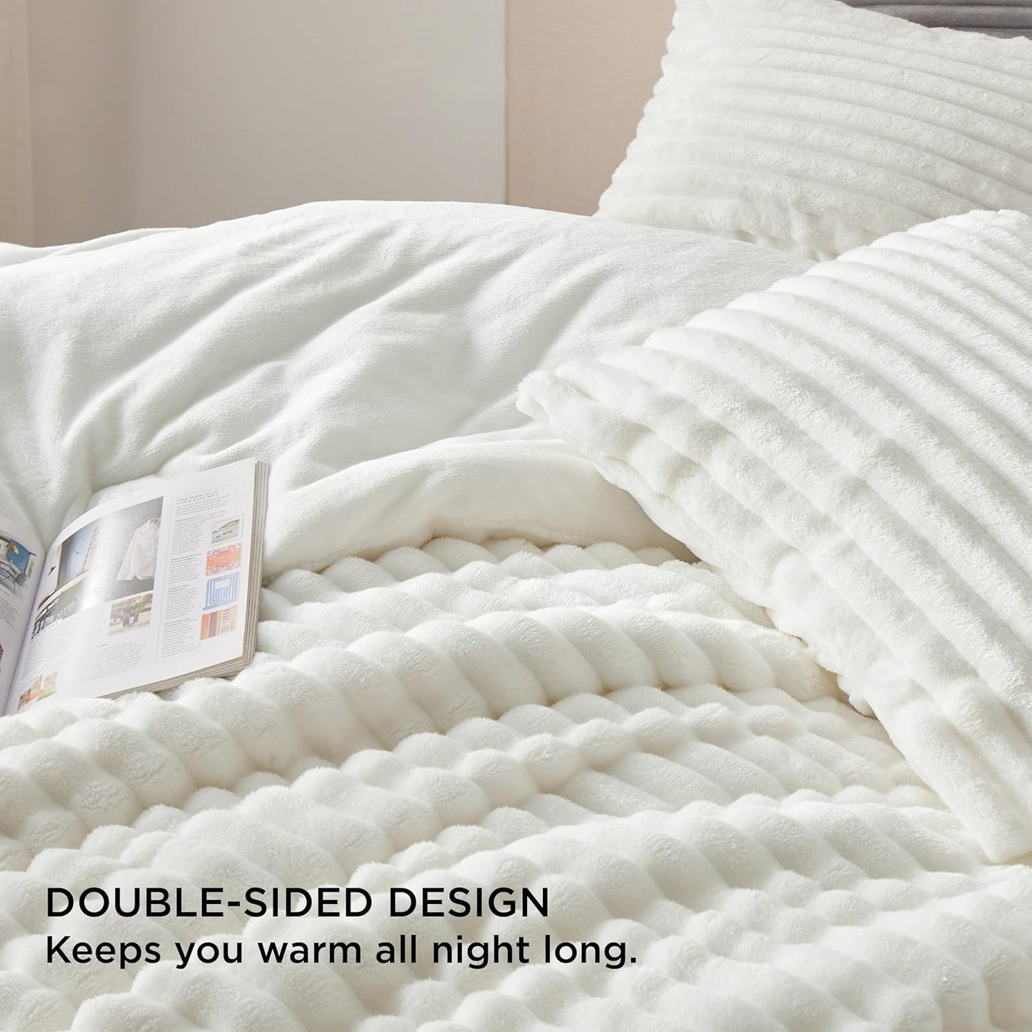 Bedsure Fluffy Comforter Set Queen - Super Soft Faux Fur Bed Set Cream White, Winter Warm Plush Fleece Bedding, 3 Pieces, 1 Shaggy Fuzzy Queen Size Comforter with 2 Pillowcases