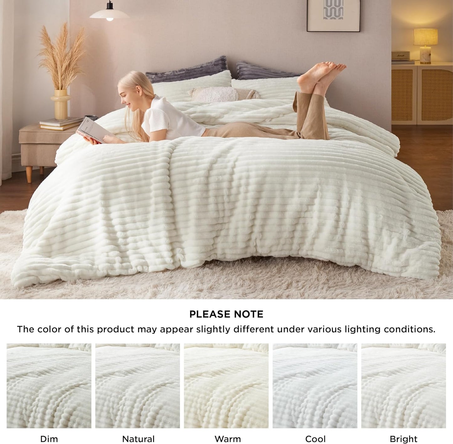 Bedsure Fluffy Comforter Set Queen - Super Soft Faux Fur Bed Set Cream White, Winter Warm Plush Fleece Bedding, 3 Pieces, 1 Shaggy Fuzzy Queen Size Comforter with 2 Pillowcases