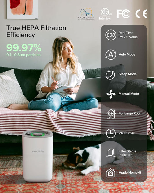 𝗧𝗿𝘂𝗲 𝗛𝗘𝗣𝗔 Air Purifier for Home Bedroom Large Room 1,050 Sq Ft Air Filters Up to 99.97% PM2.5 Display Smart Air Cleaner Works with HomeKit, for Baby Pet Desktop Office Dorm White AP2