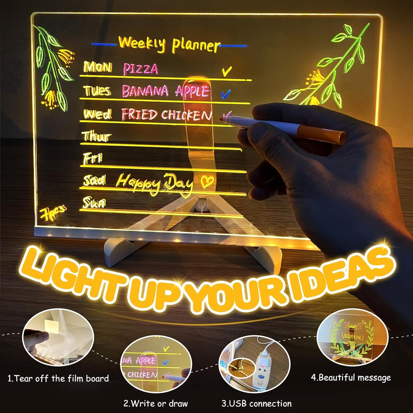 LED Note Board with 7 Colors, Light up Acrylic Message Board, Night Light outwards Writing Drawing Dry Erase Board, Personalized Note Board with Colors Large and 7 Pens for Kids (11.81 * 7.87inches)