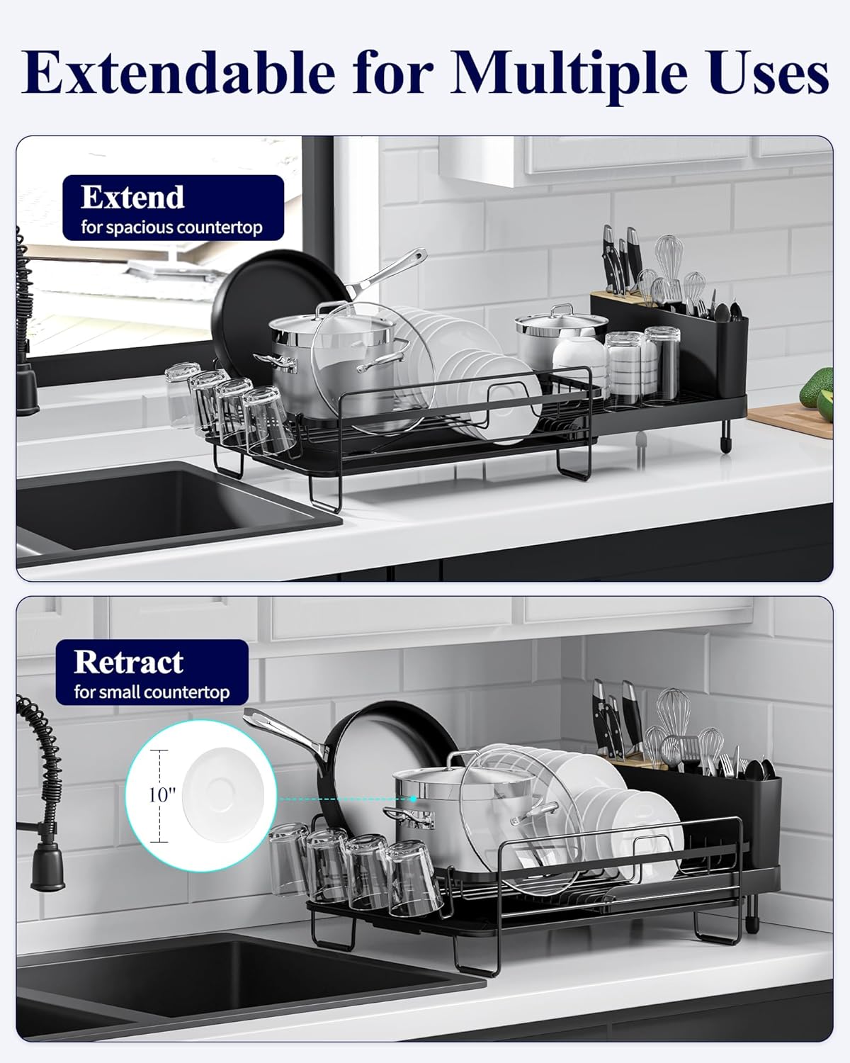 Kitsure Large Dish Drying Rack - Extendable Dish Rack, Multifunctional Dish Rack for Kitchen Counter, Anti-Rust Dish Drainers with Cutlery & Cup Holders 19.2"-26.7" L x 12.9" W, Black