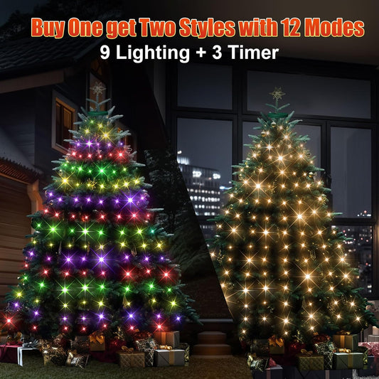 12 Modes Easy Christmas Tree Lights with Ring Indoor Outdoor - 6.56Ft x 12 Lines String 288 LED Timer Dimmable Remote Waterproof Lights for 6 7 Ft Xmas Tree Decor (Warm White or Multicolor)