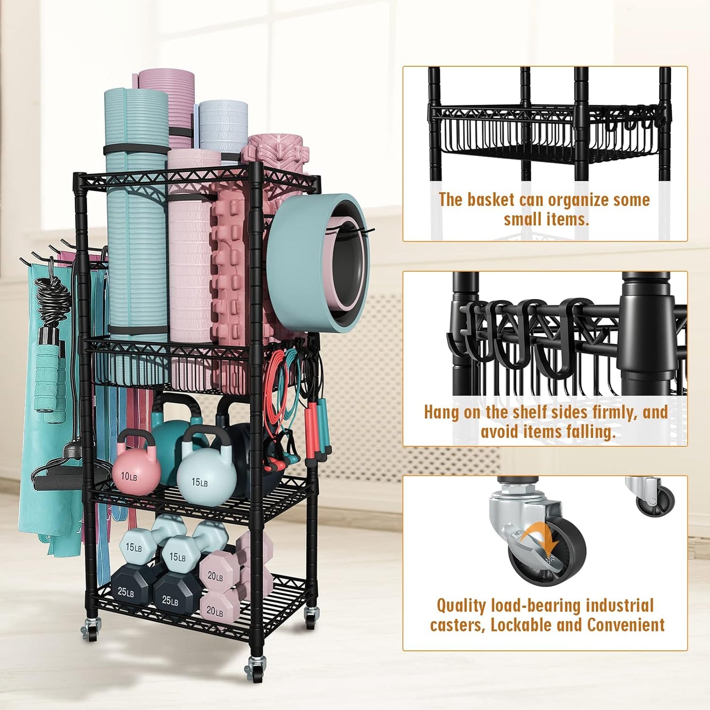 S1 Home Gym Storage, 3-Tier Workout Equipment Organizer with Wheels for Yoga Mats, Foam Roller, Dumbbells, Kettlebells, and Resistance Bands, 47.4" H x 27.5" L x 11.8" D, Black