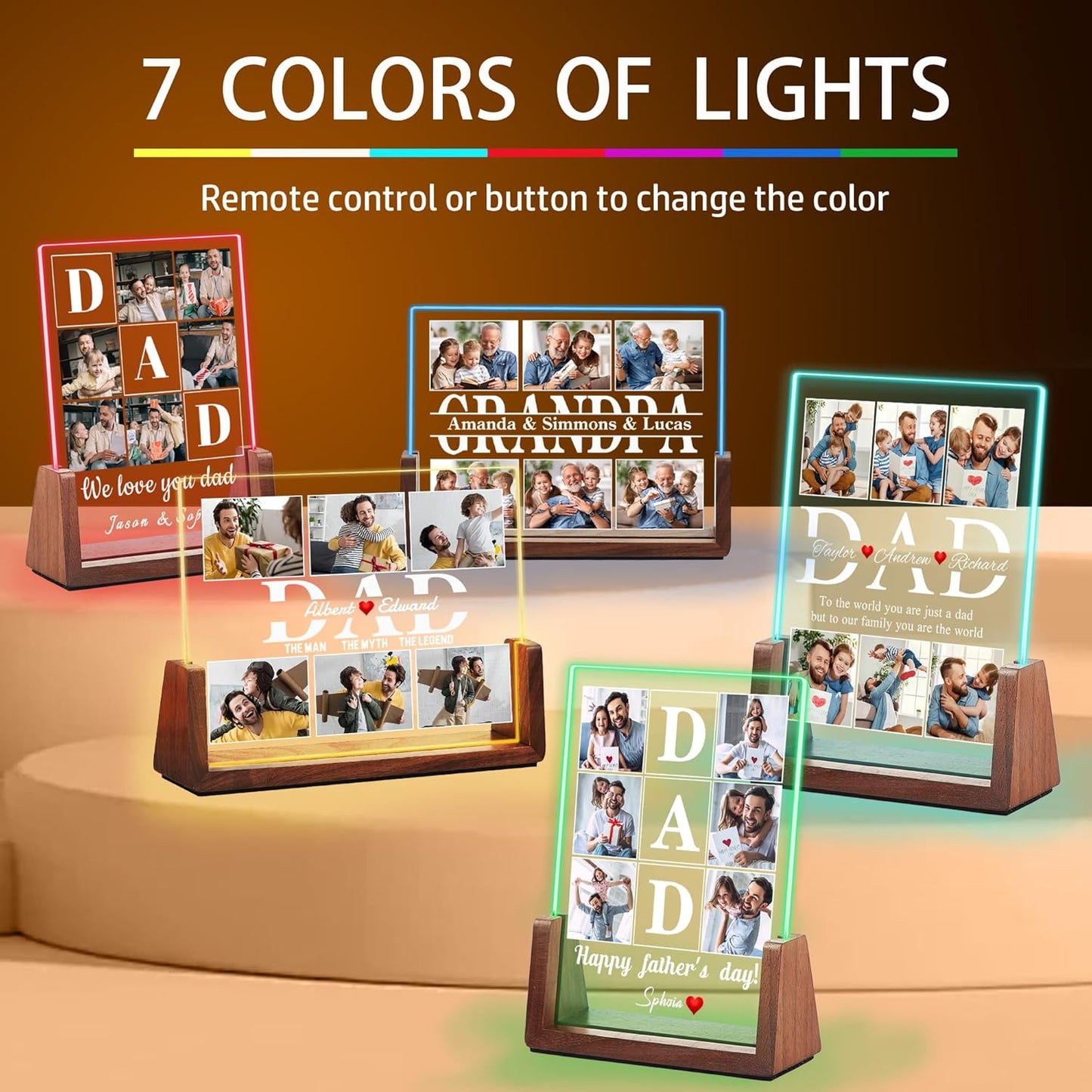 Fathers Day Personalized Gifts for Dad from Daughter Son Kids, Customized Acrylic Plaque LED Walnut Frame with Photos Night Light, Christmas Birthday Gifts for Dad Father PAPA Husband