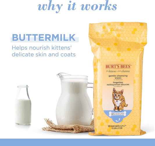 Burt's Bees for Pets Kitten Wipes with Buttermilk, 98% Natural Origin Formulas, Cat Wipes, Cat Grooming Supplies, Cat Cleaning Wipes, Waterless Cat Grooming, 50ct