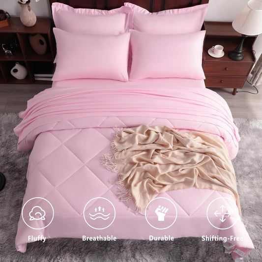 NTBAY King Comforter Set With Sheets, 7 Pieces Soft and Breathable Bedding Set, Bed in a Bag, Down Alternative Solid Color All Season, Pink