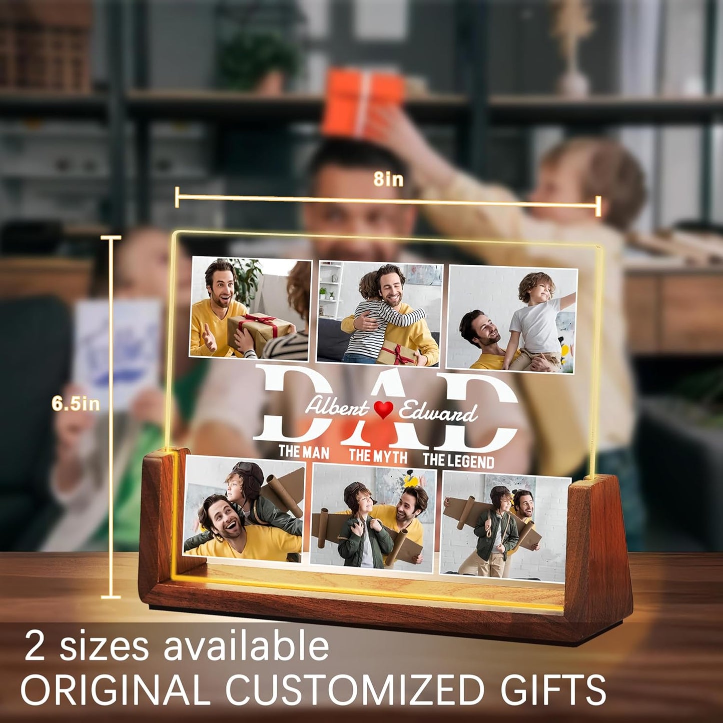 Fathers Day Personalized Gifts for Dad from Daughter Son Kids, Customized Acrylic Plaque LED Walnut Frame with Photos Night Light, Christmas Birthday Gifts for Dad Father PAPA Husband