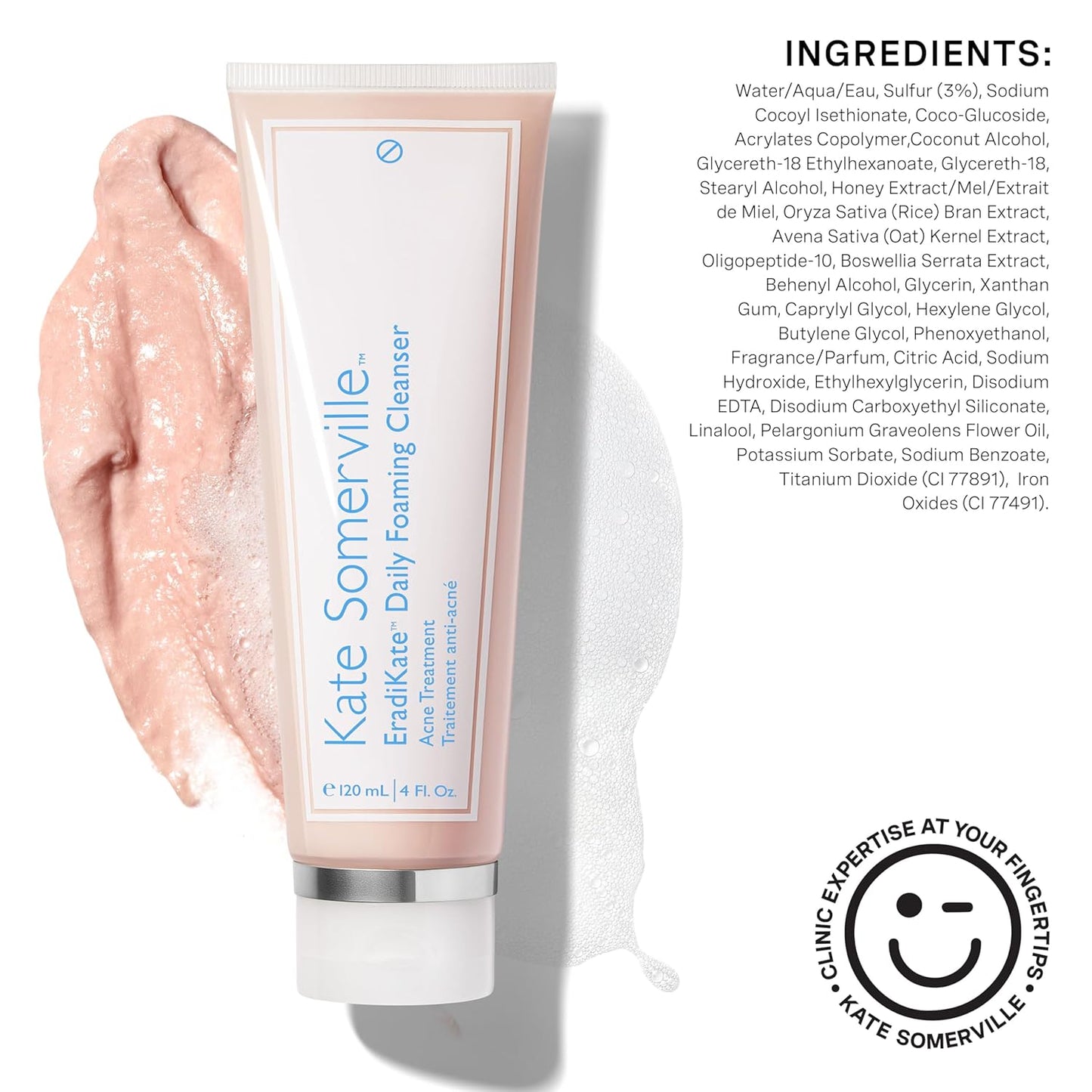 Kate Somerville EradiKate 3% Sulfur Daily Foaming Cleanser Acne Treatment – Clinically Formulated Medicated Face Wash Balances Skin and Cleans Pores, 4 Fl Oz