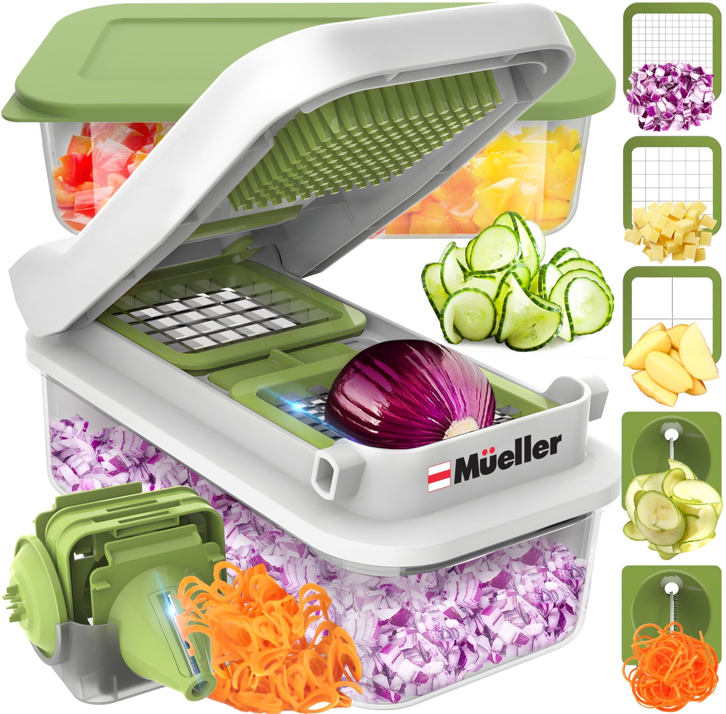Mueller Pro-Series All-in-One, 12 Blade Mandoline Slicer for Kitchen, Food Chopper, Vegetable Slicer and Spiralizer, Cutter, Dicer, Grater, Kitchen Gadgets Sets with Container, White Sand/Gray