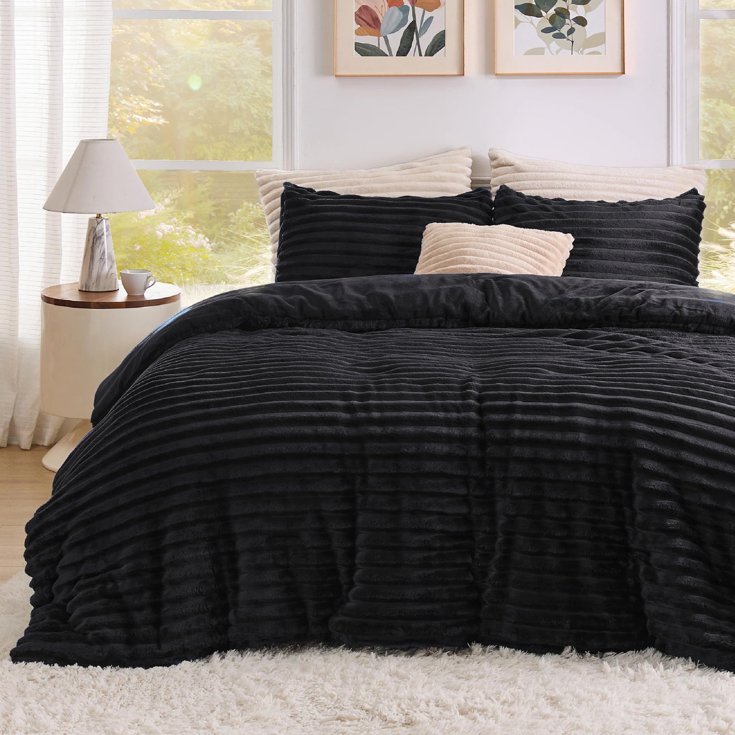 Bedsure Fluffy Comforter Set Queen - Super Soft Faux Fur Bed Set Cream White, Winter Warm Plush Fleece Bedding, 3 Pieces, 1 Shaggy Fuzzy Queen Size Comforter with 2 Pillowcases