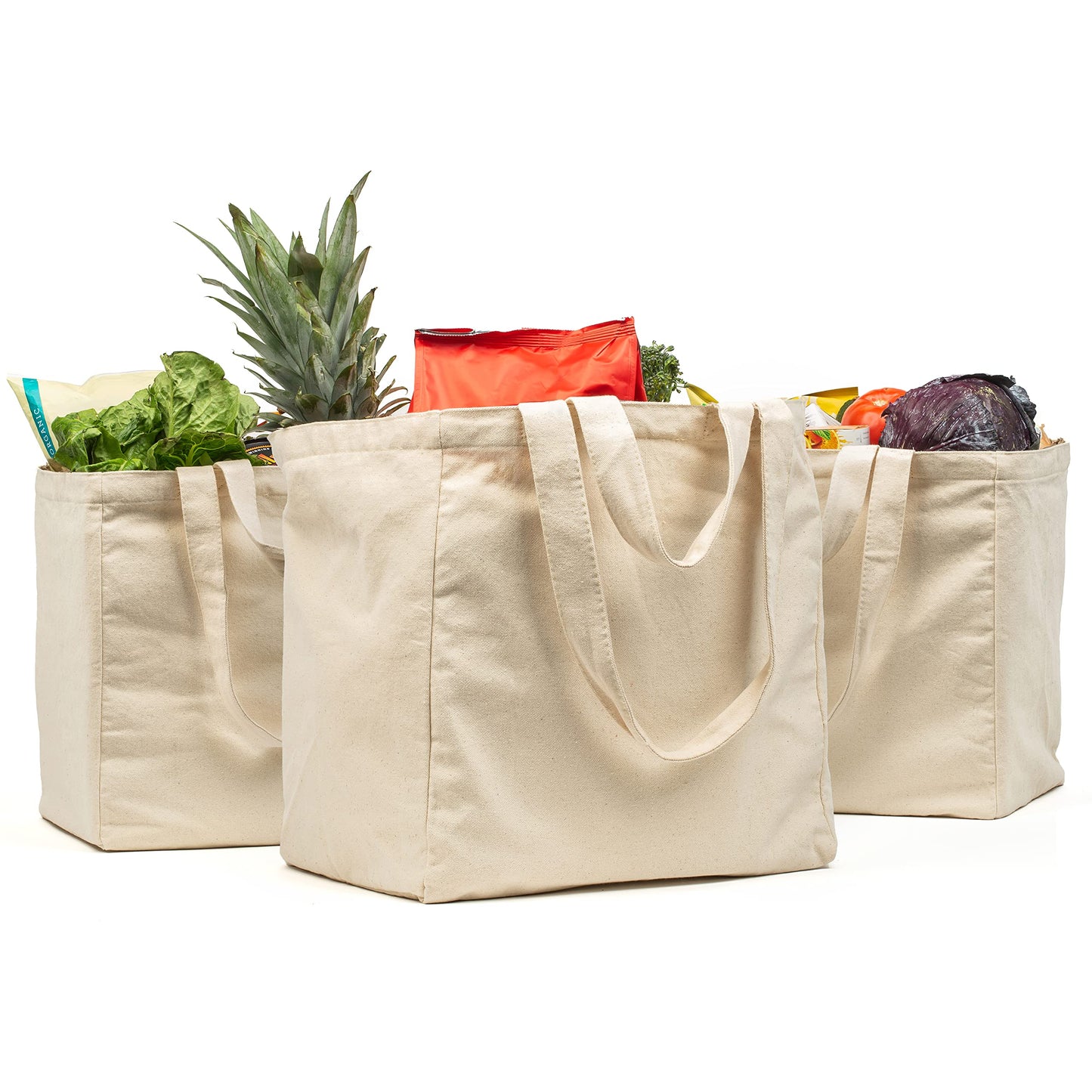 VeraMia Canvas Grocery Bag 3pc XL Set with Real Pockets, Long Shoulder Strap and Short Handle. Heavy Duty, Foldable, Washable