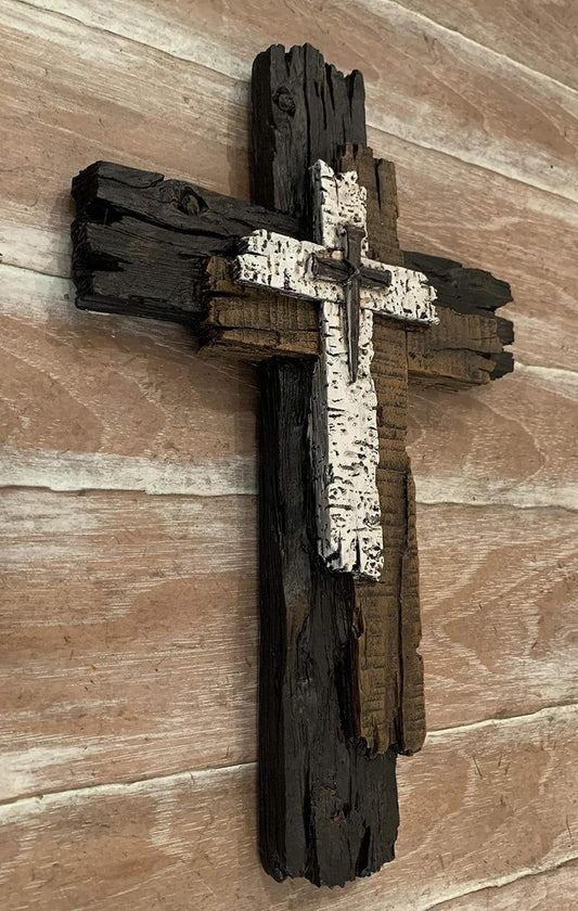 Top Brass Decorative Wall Cross - Rustic Multi Layered Weathered Wood Look Spiritual Art Sculpture