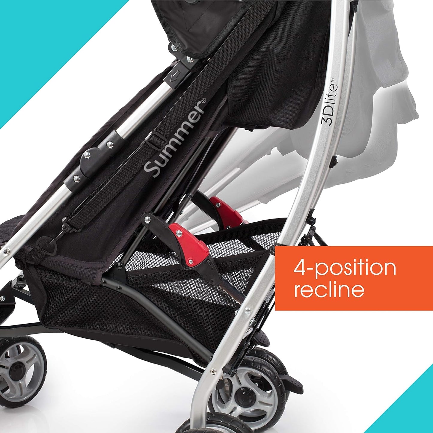 3Dlite Convenience Stroller, Black – Lightweight, with Aluminum Frame, Large Seat Area, Mesh Siding, 4 Position Recline, Extra Large Storage Basket – for Travel