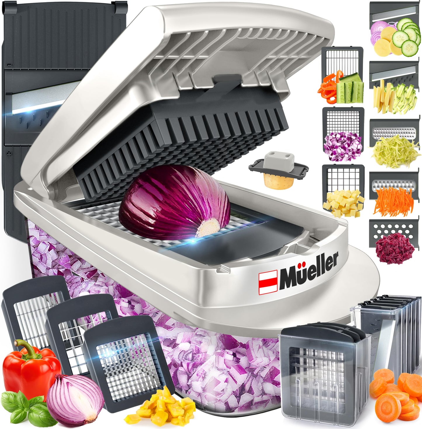 Mueller Pro-Series All-in-One, 12 Blade Mandoline Slicer for Kitchen, Food Chopper, Vegetable Slicer and Spiralizer, Cutter, Dicer, Grater, Kitchen Gadgets Sets with Container, White Sand/Gray