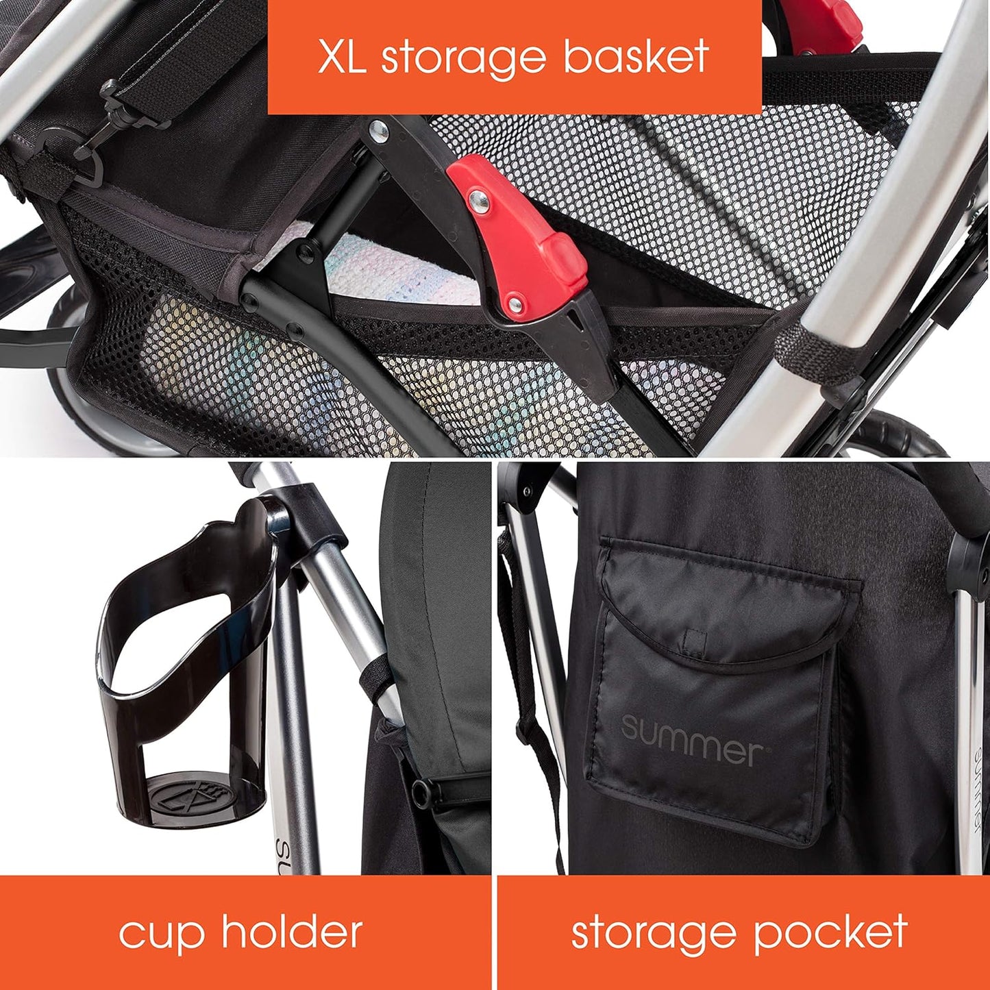 3Dlite Convenience Stroller, Black – Lightweight, with Aluminum Frame, Large Seat Area, Mesh Siding, 4 Position Recline, Extra Large Storage Basket – for Travel