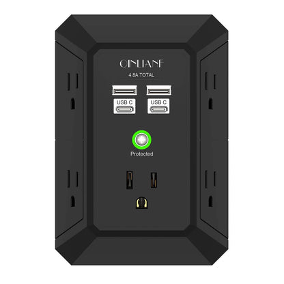 Wall Charger, Surge Protector, QINLIANF 5 Outlet Extender with 4 USB Charging Ports (4.8A Total) 3-Sided 1680J Power Strip Multi Plug Adapter Spaced for Home Travel Office (3U1C)