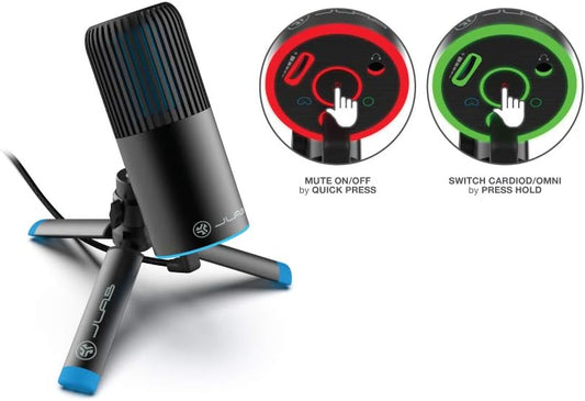 JLab Talk Go USB Microphone, USB-C Output, Cardioid or Omnidirectional, 96k Sample Rate, 20Hz, 20kHz Frequency Response, Volume Control and Quick Mute, Plug and Play