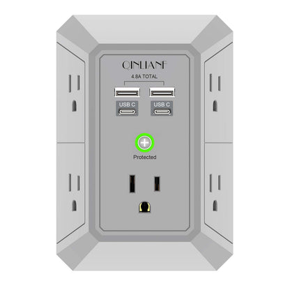 Wall Charger, Surge Protector, QINLIANF 5 Outlet Extender with 4 USB Charging Ports (4.8A Total) 3-Sided 1680J Power Strip Multi Plug Adapter Spaced for Home Travel Office (3U1C)