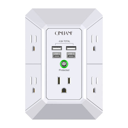 Wall Charger, Surge Protector, QINLIANF 5 Outlet Extender with 4 USB Charging Ports (4.8A Total) 3-Sided 1680J Power Strip Multi Plug Adapter Spaced for Home Travel Office (3U1C)