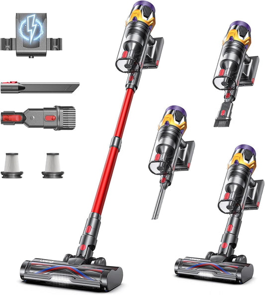 Cordless vacuum cleaner with 55KPa suction, 70-minute battery life, HEPA filtration, anti-tangle brush, LED display & freestanding design. Perfect for pet hair & all floors.