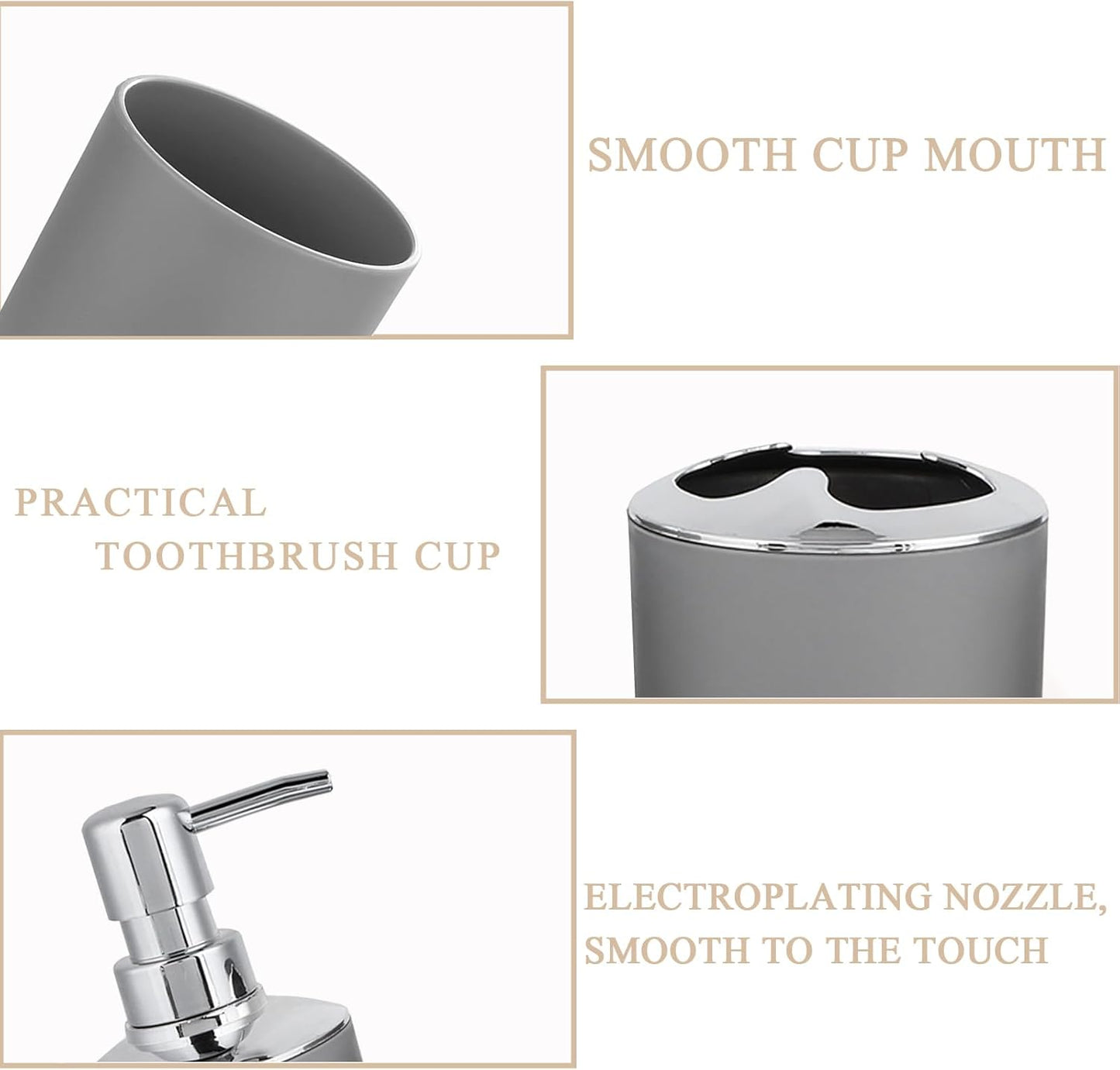 Bathroom Accessories Set 4 PCS, Grey Bathroom Accessories Includes Toothbrush Holder, Toothbrush Cup, Soap Dispenser & Dish, Soap and Toothbrush Holder Set for Bathroom Decor