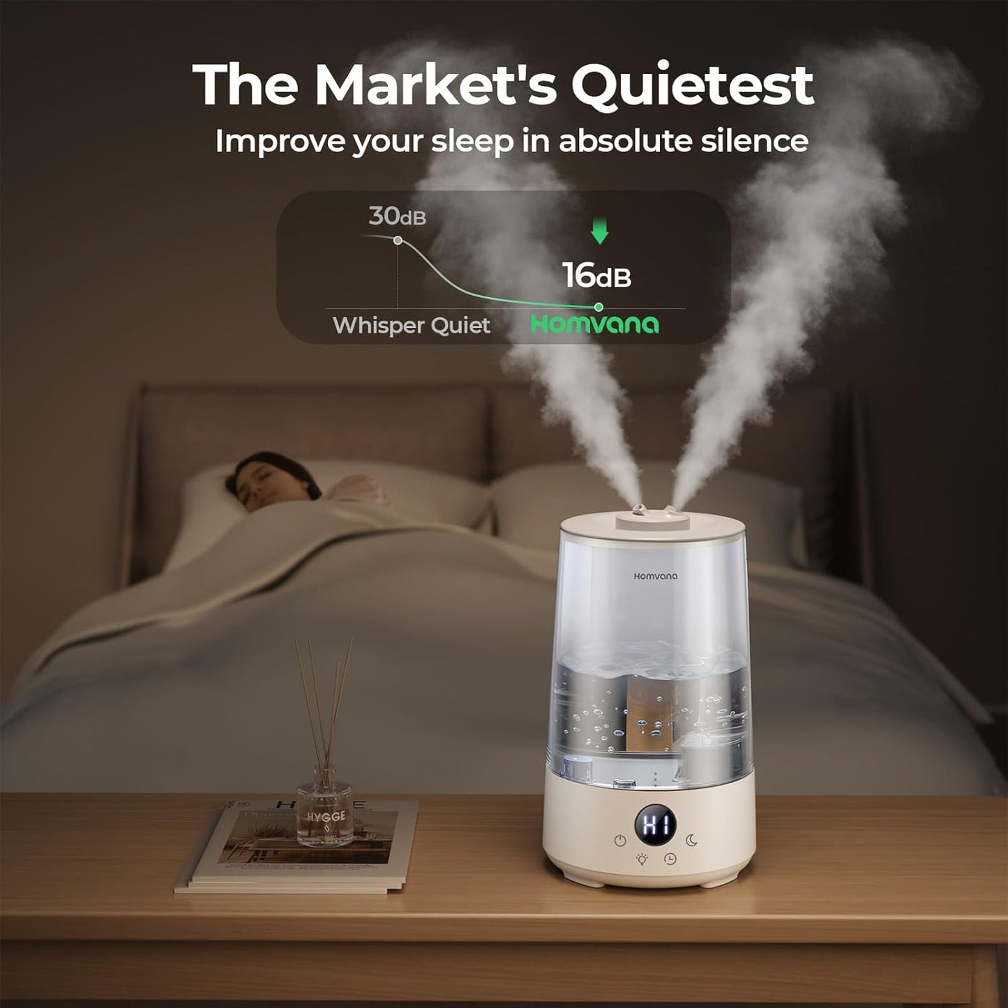 Homvana Humidifiers for Bedroom Home, 3.6 L Cool Mist Top-Fill 34H Super Long Time, Quiet 23dB, Baby Humidifier, Oil Diffuser for Large Room, House, Plant, Nursery, BPA FREE, Ultrasonic (Transparent)