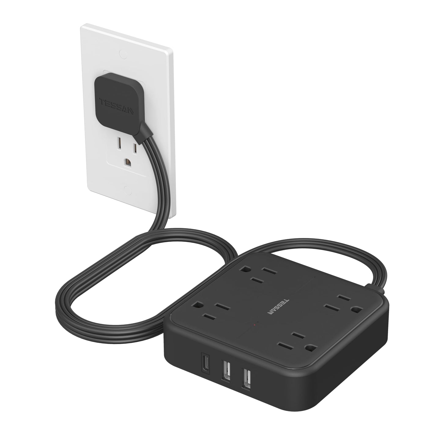 Surge Protector Flat Extension Cord 5Ft, TESSAN Flat Plug Power Strip with 4 Outlets 3 USB Ports (1 USB C), 900 Joules Protection, Multiple Wall Outlet Extender Suitable for Home Office Dorm, Grey