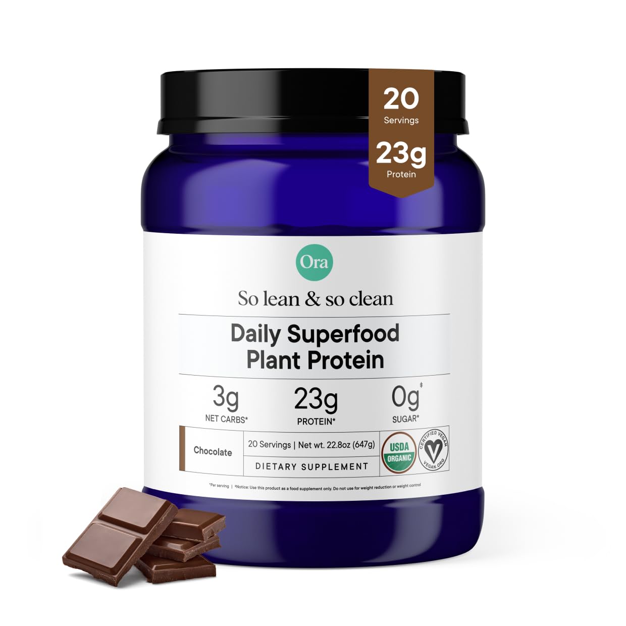 Ora Organic Vegan Protein Powder - 23g Plant Based Pea Protein + Superfood for Women and Men - Unsweetened & Unflavored - 20 Servings, No Erythritol, Keto-Friendly, Gluten-Free, Paleo, Soy-Free