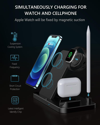 Wireless Charger, 4 in 1 Fast Wireless Charging Station Compatible with Apple Watch Airpods Pro iPhone 12/12 Pro/11/11 Pro/8/X, Wireless Charging Stand Compatible with Samsung