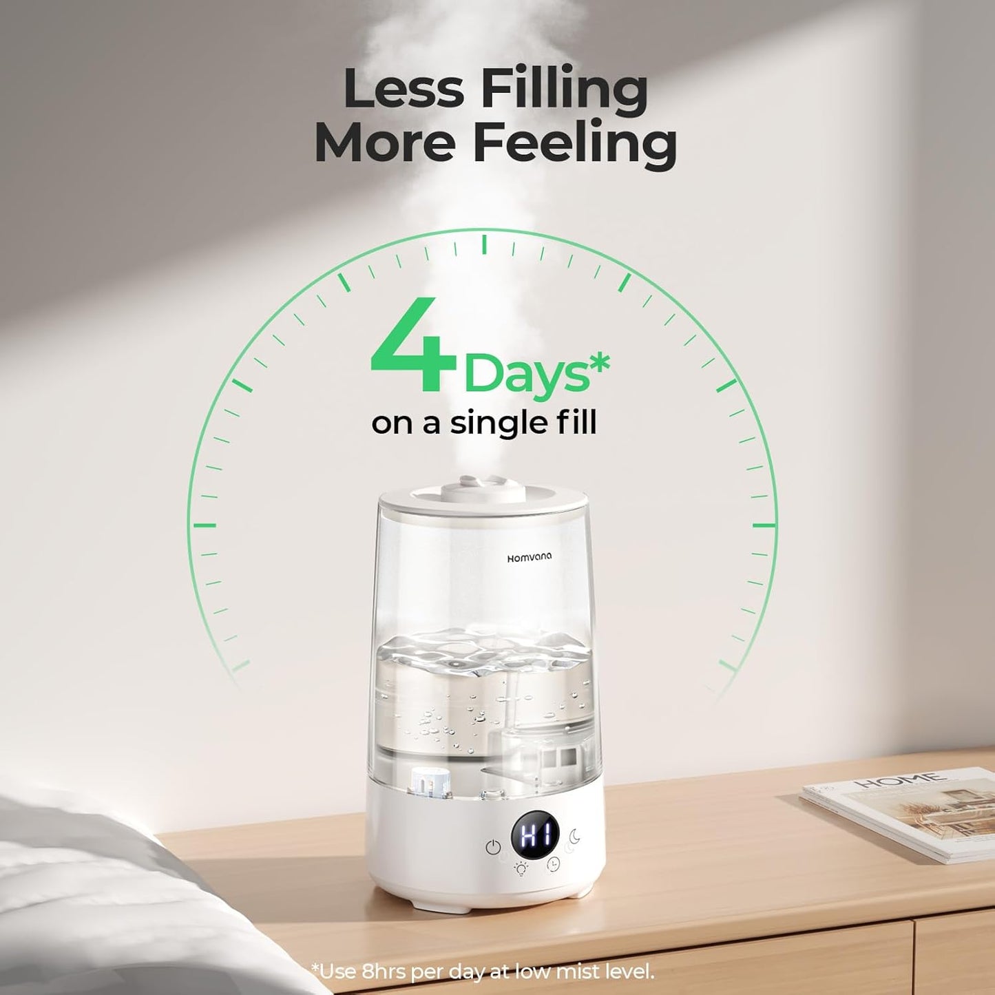 Homvana Humidifiers for Bedroom Home, 3.6 L Cool Mist Top-Fill 34H Super Long Time, Quiet 23dB, Baby Humidifier, Oil Diffuser for Large Room, House, Plant, Nursery, BPA FREE, Ultrasonic (Transparent)