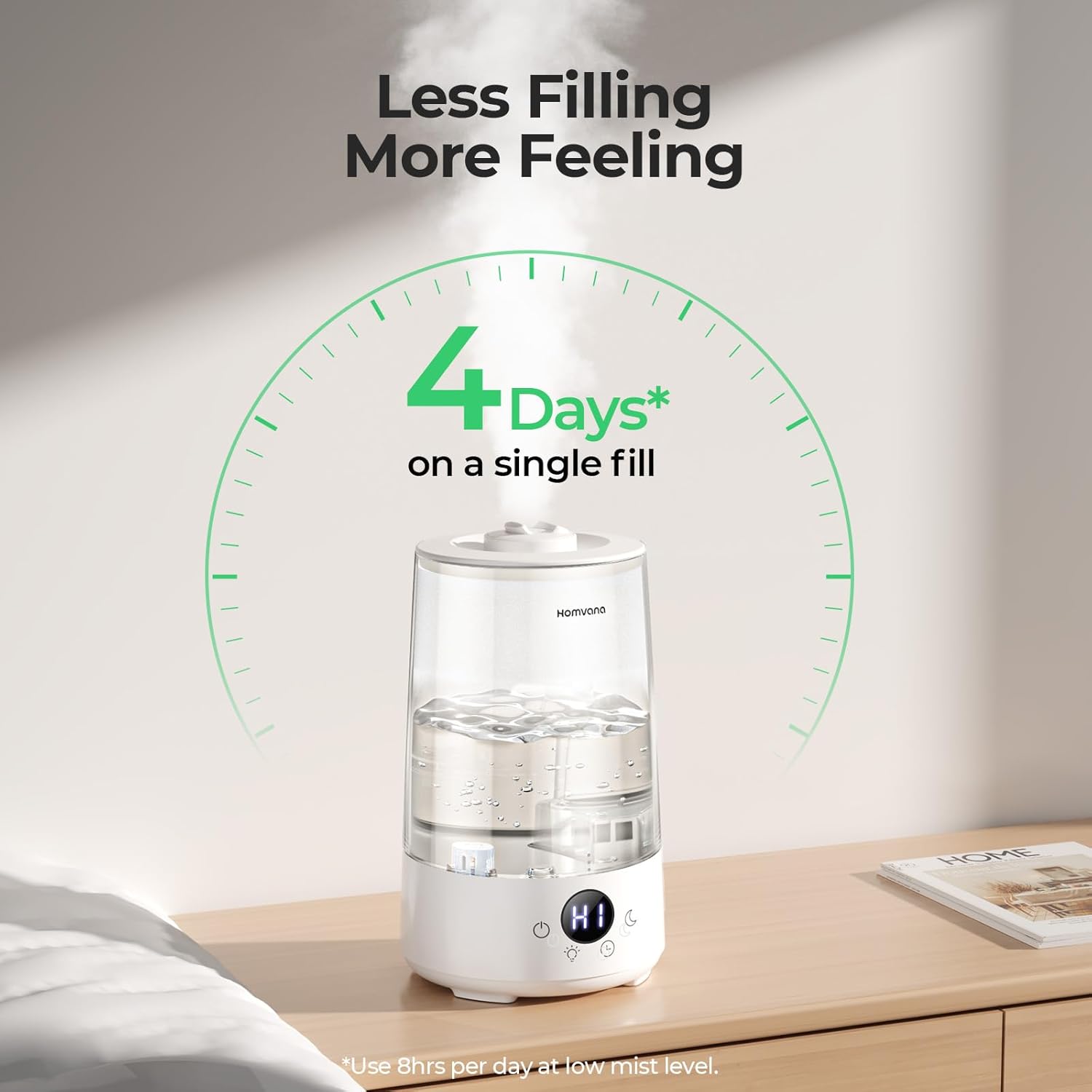 Homvana Humidifiers for Bedroom Home, 3.6 L Cool Mist Top-Fill 34H Super Long Time, Quiet 23dB, Baby Humidifier, Oil Diffuser for Large Room, House, Plant, Nursery, BPA FREE, Ultrasonic (Transparent)