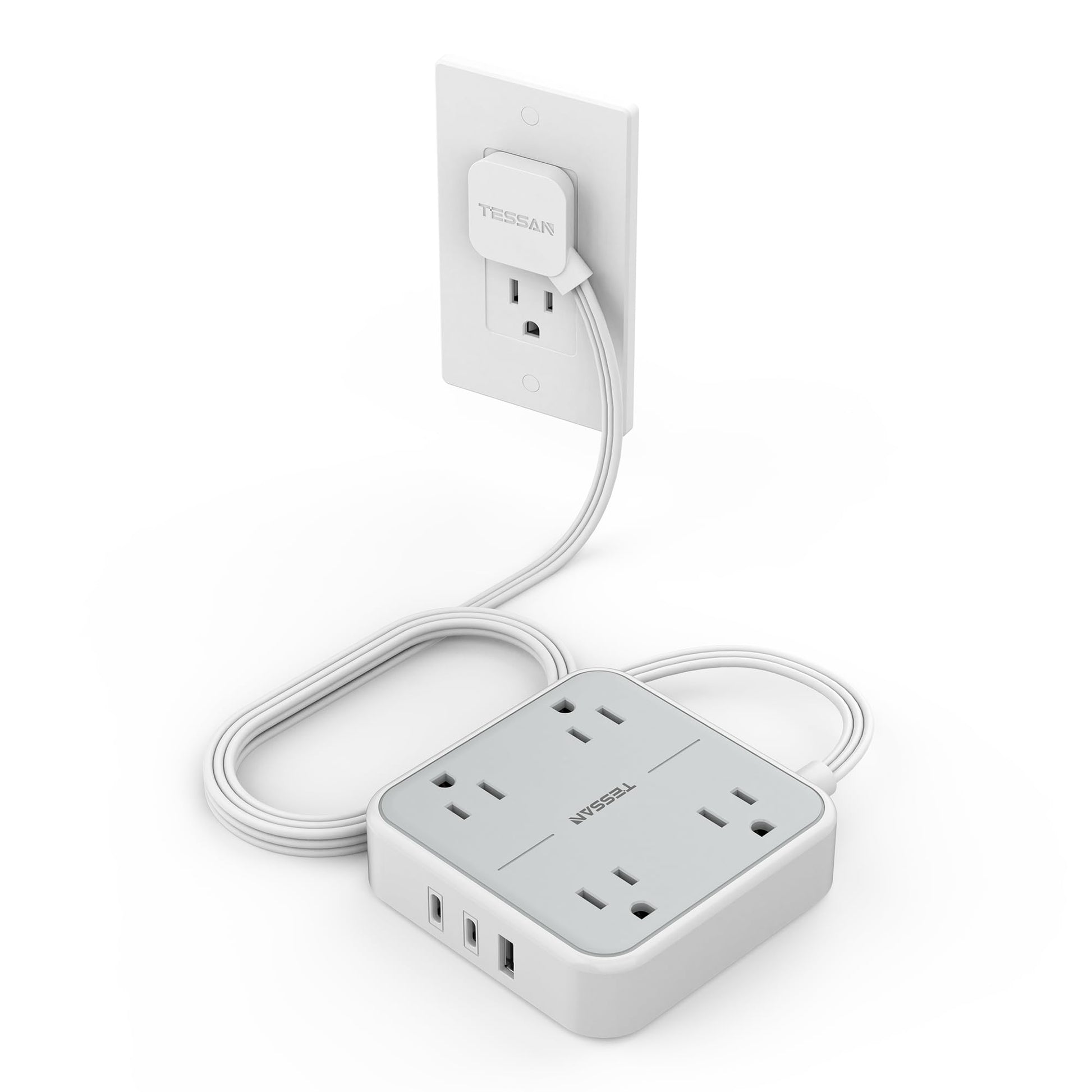 Surge Protector Flat Extension Cord 5Ft, TESSAN Flat Plug Power Strip with 4 Outlets 3 USB Ports (1 USB C), 900 Joules Protection, Multiple Wall Outlet Extender Suitable for Home Office Dorm, Grey